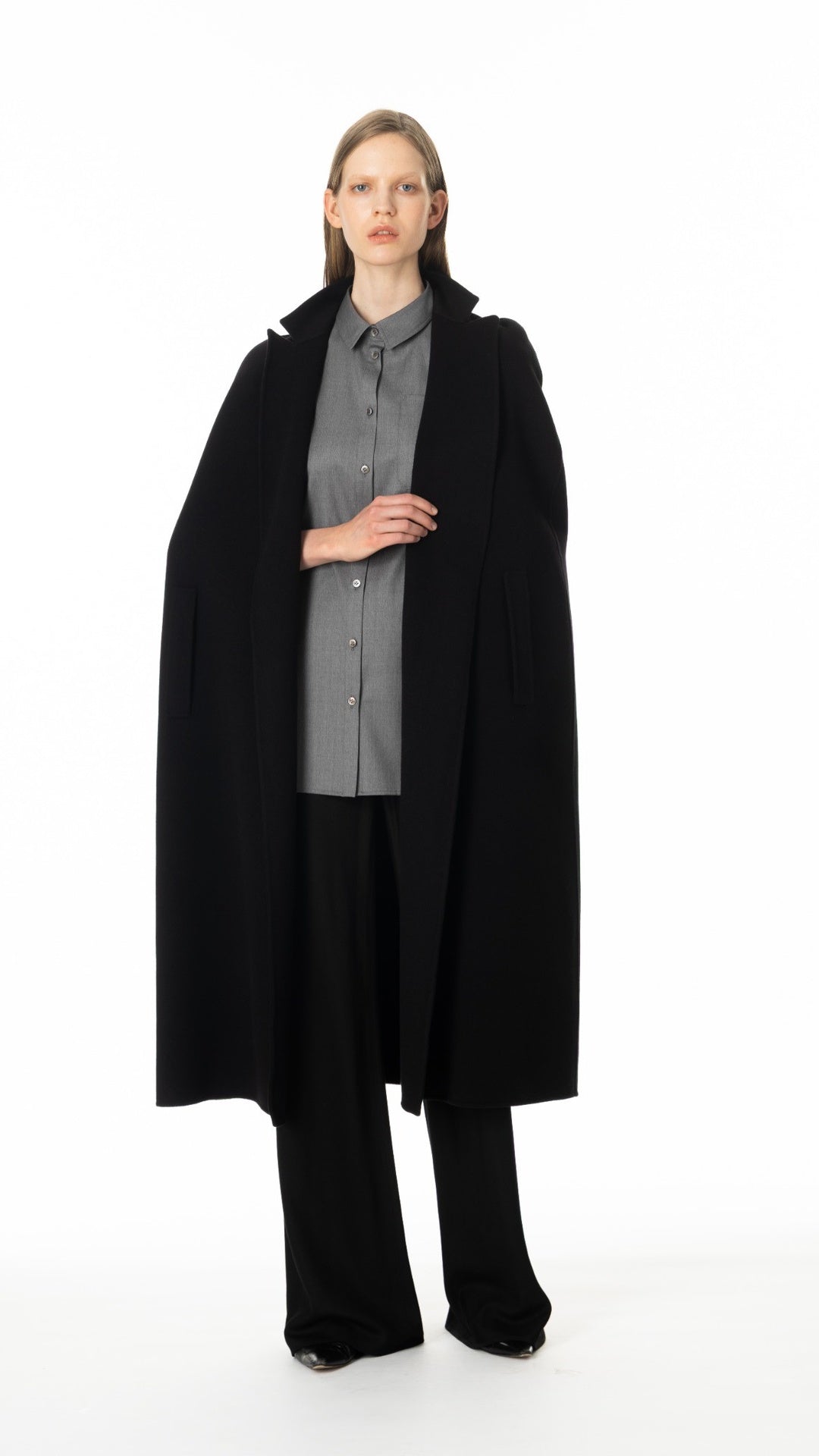 ロングケープコート カシミヤ48％ ブラック