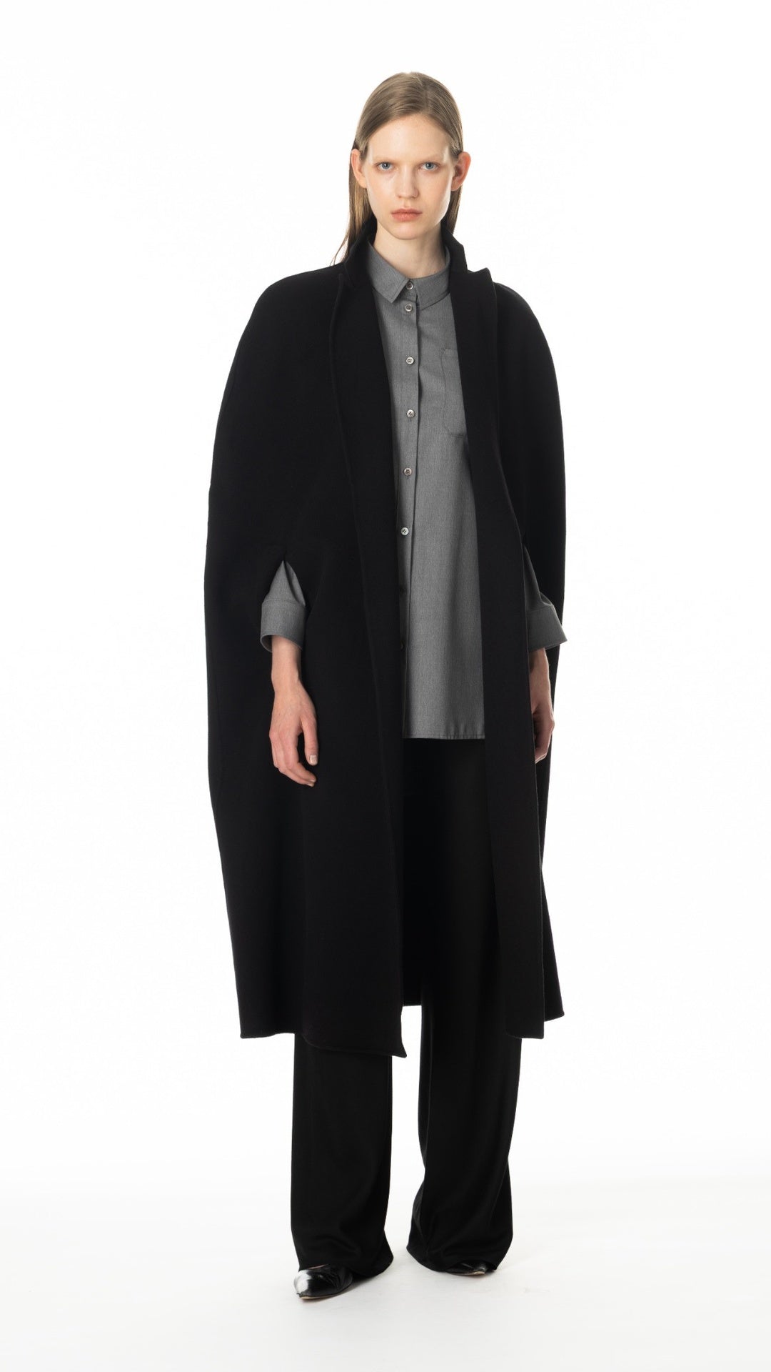 ロングケープコート カシミヤ48％ ブラック