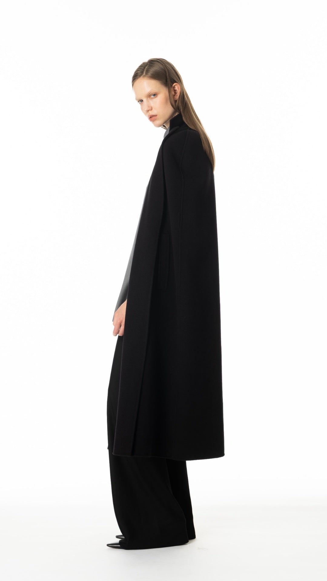 ロングケープコート カシミヤ48％ ブラック